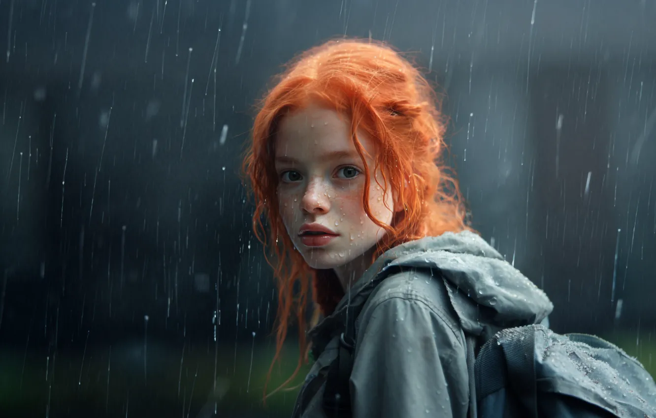 Фото обои дождь, девочка, рыжая, ИИ-арт, Искусство искусственного интеллекта, НЕЙРОСЕТЬ