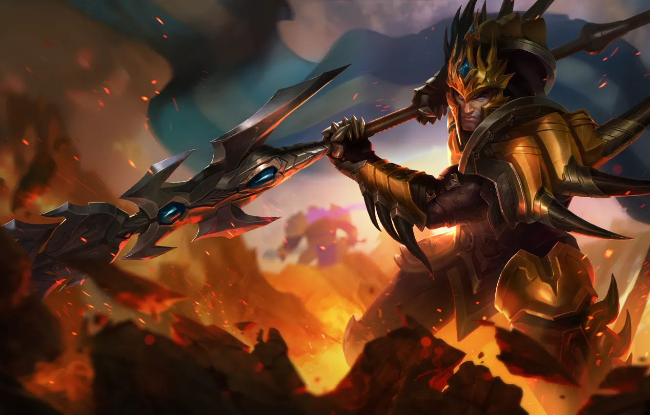 Фото обои огонь, фэнтези, мужчина, Jason Chan, League of Legends, Jarvan IV, Riot Games