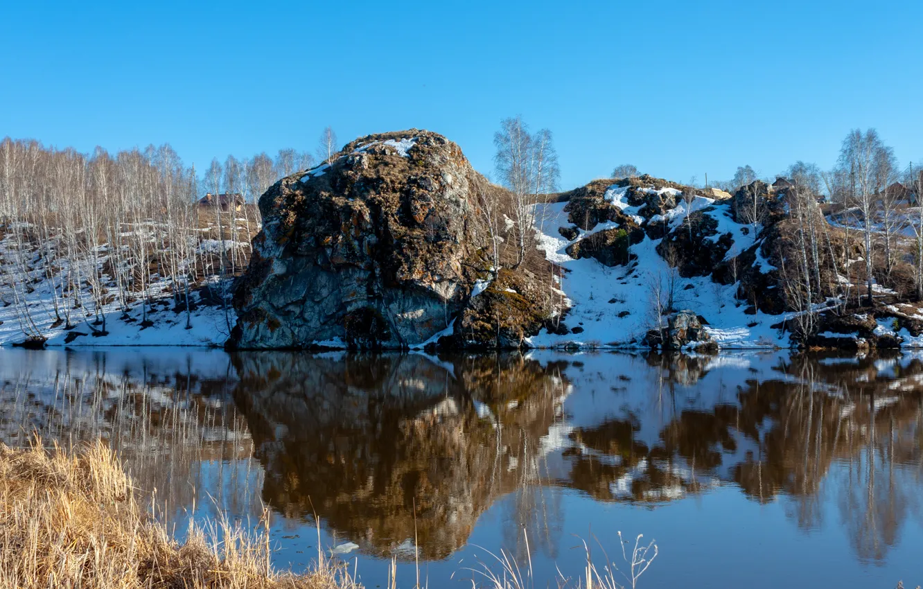 Фото обои пейзаж, природа, река, скалы, весна, россия, урал, исеть