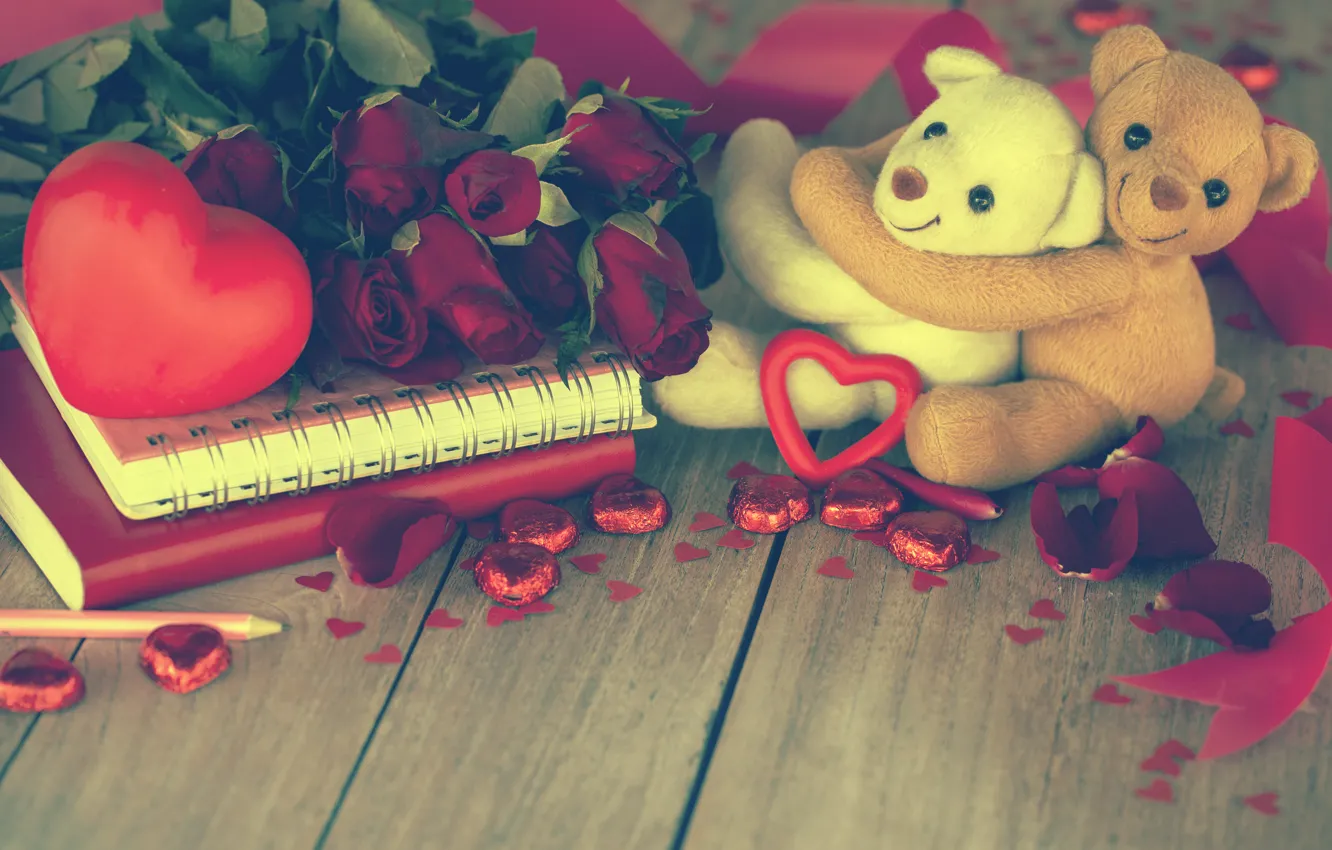 Фото обои любовь, подарок, розы, мишка, love, bear, heart, romantic
