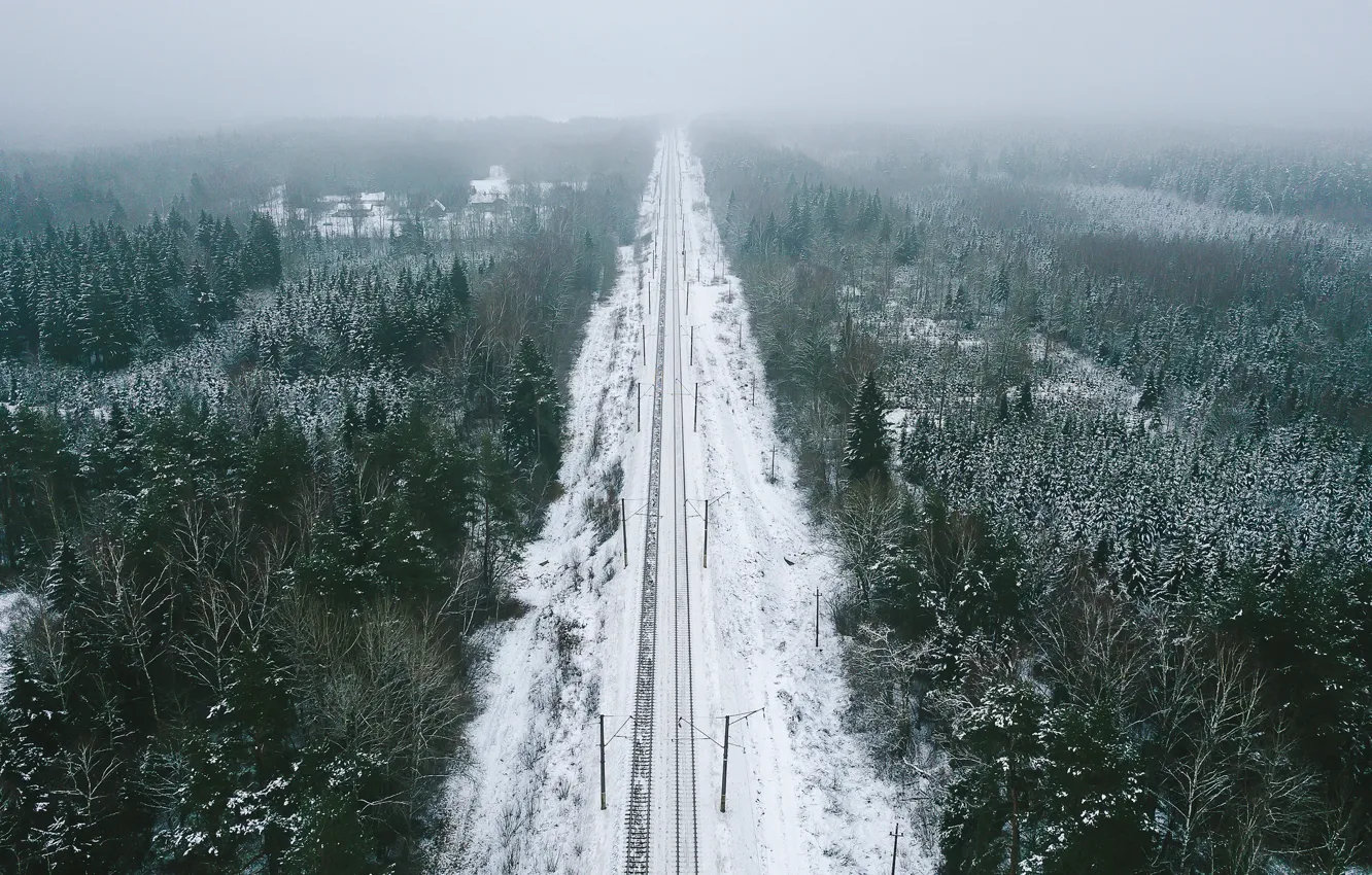 Фото обои зима, лес, природа, железная дорога