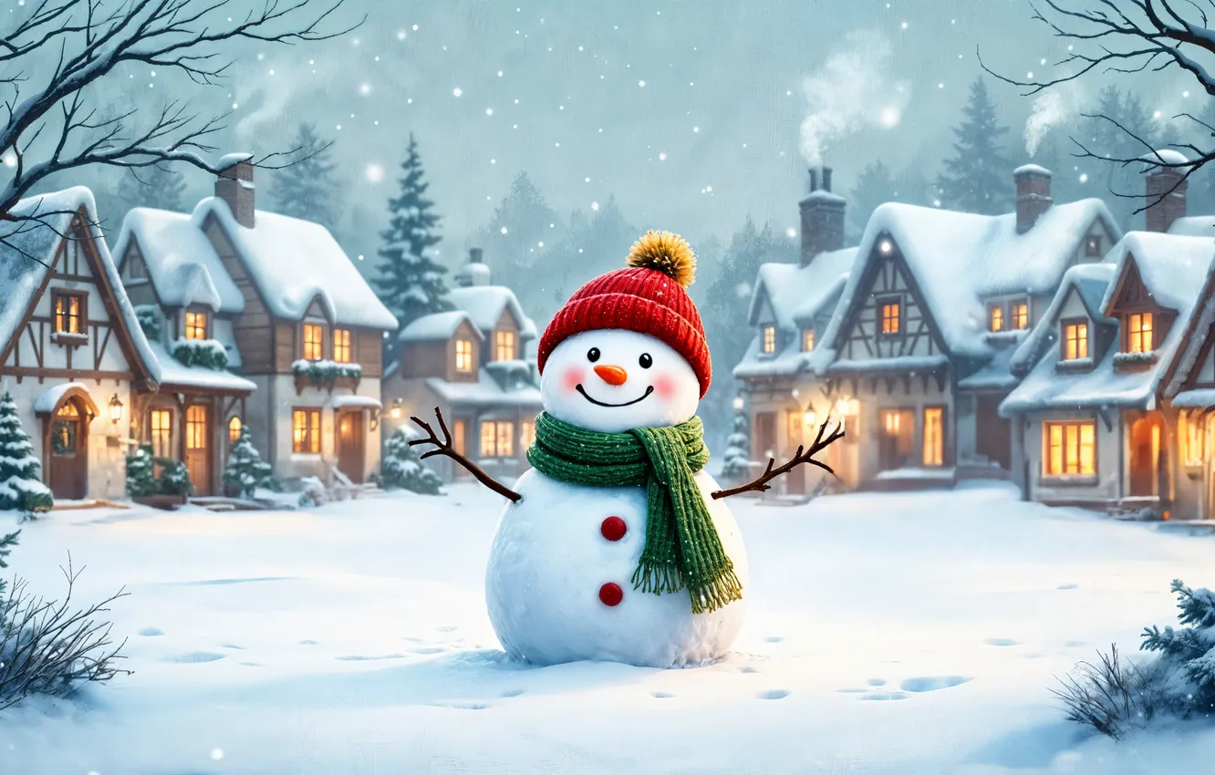 Фото обои зима, снег, украшения, Рождество, Новый год, снеговик, happy, Christmas