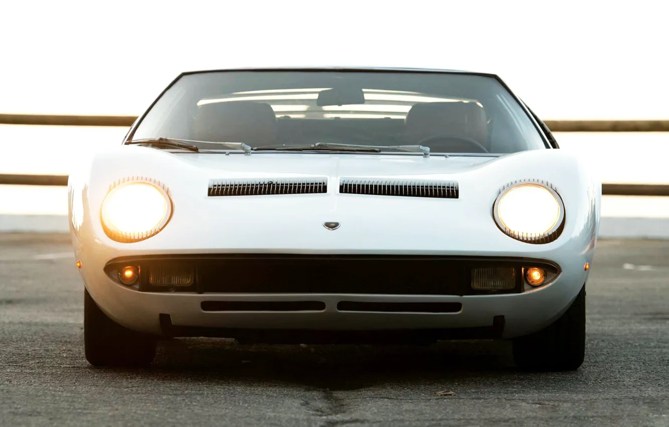 Фото обои Авто, Lamborghini, Белый, Ретро, Машина, Свет, Ресницы, 1969
