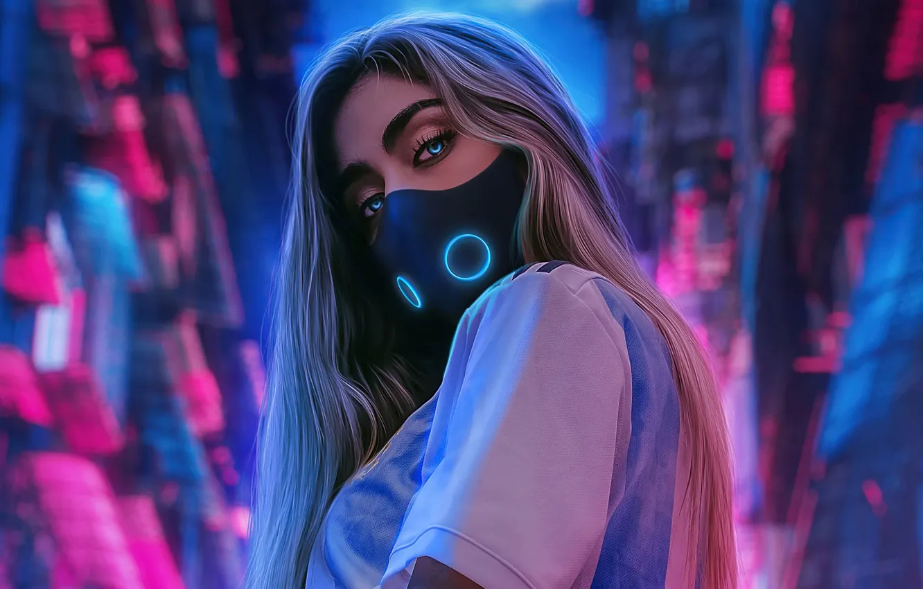 Фото обои city, girl, mask, ai art, neon
