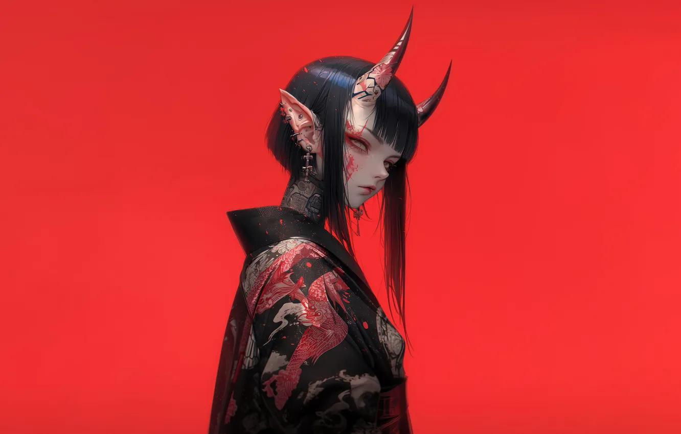 Фото обои Girl, Devil, Anime, Demon, Kimono, Horn, Red Background, Anime Girl