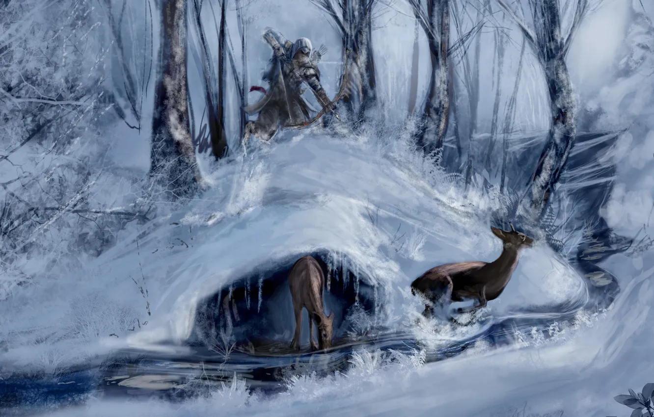 Фото обои зима, лес, ассасин, коннор, Assasins Creed 3