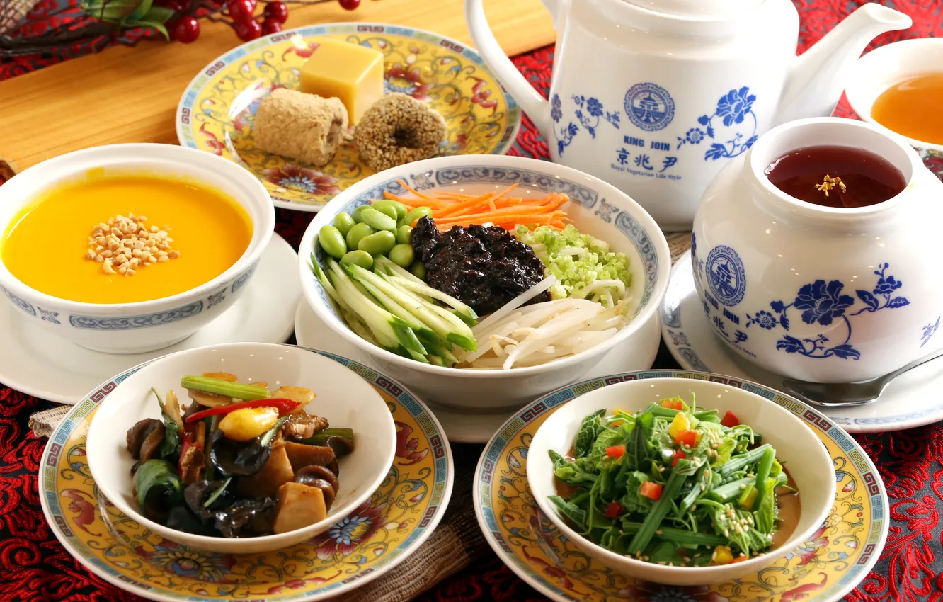 Фото обои чай, суп, посуда, овощи, японская кухня, блюда, ассорти