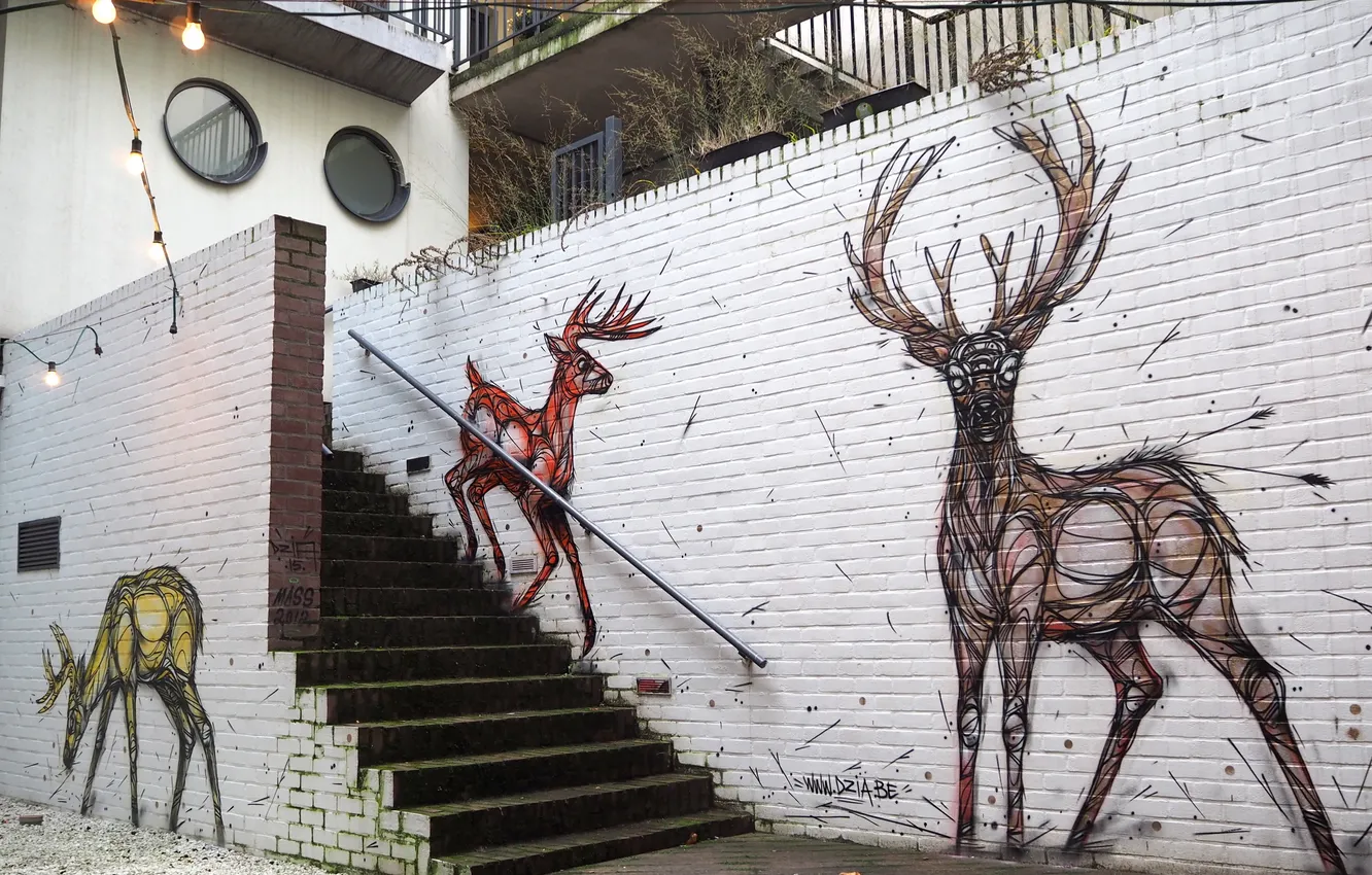 Фото обои city, город, граффити, олени, graffiti, deer, street art, brick wall