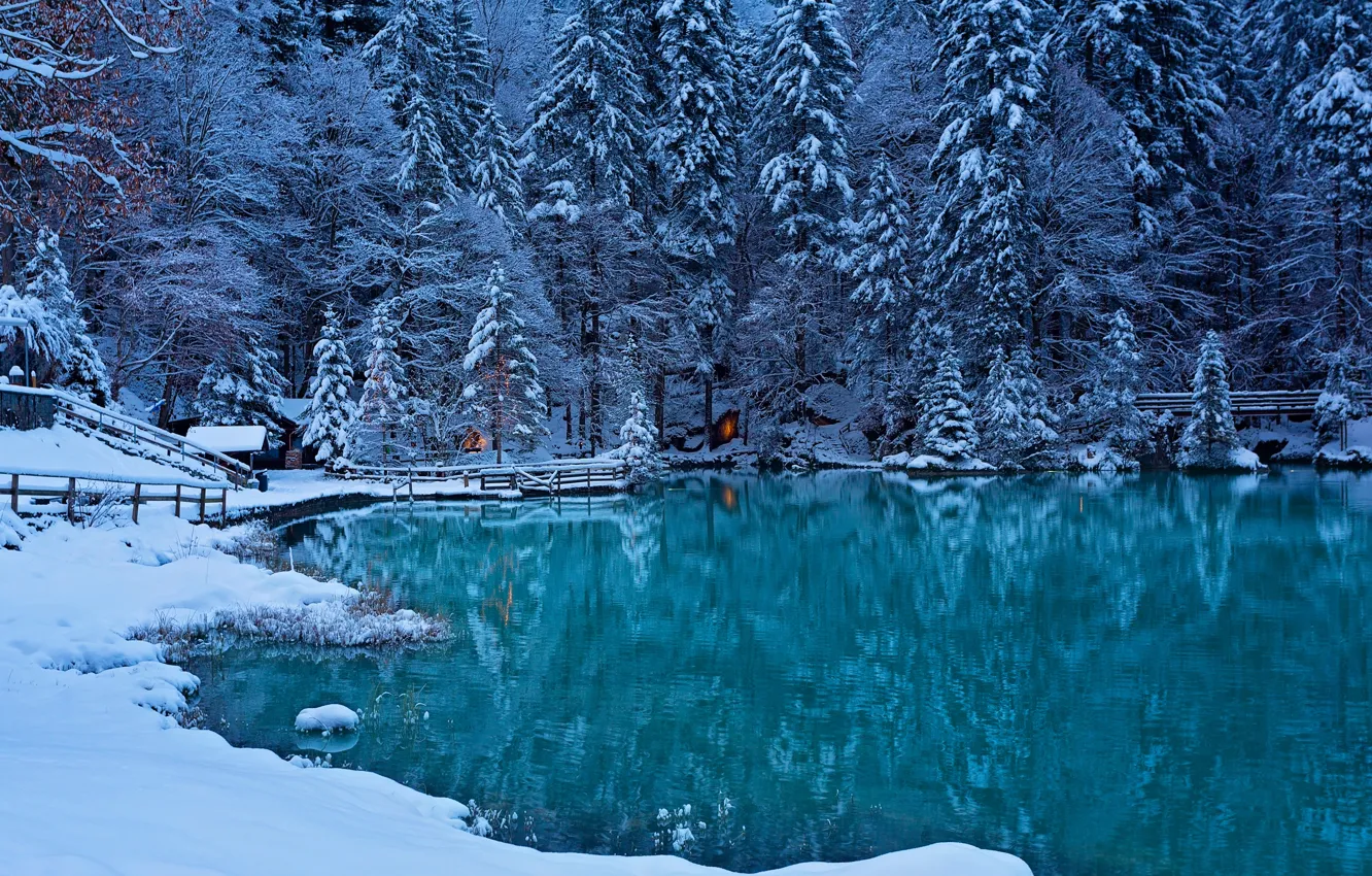 Фото обои зима, лес, озеро, Швейцария, Switzerland, Bernese Oberland, Kander Valley, долина реки Кандер