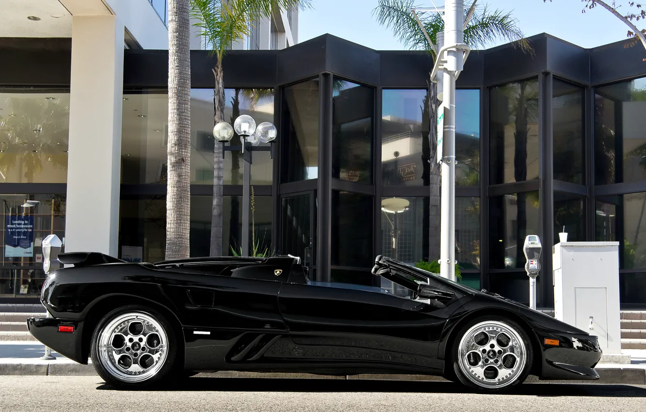 Фото обои пальма, черный, Lamborghini, кабриолет, black, diablo, roadster, ламборгини