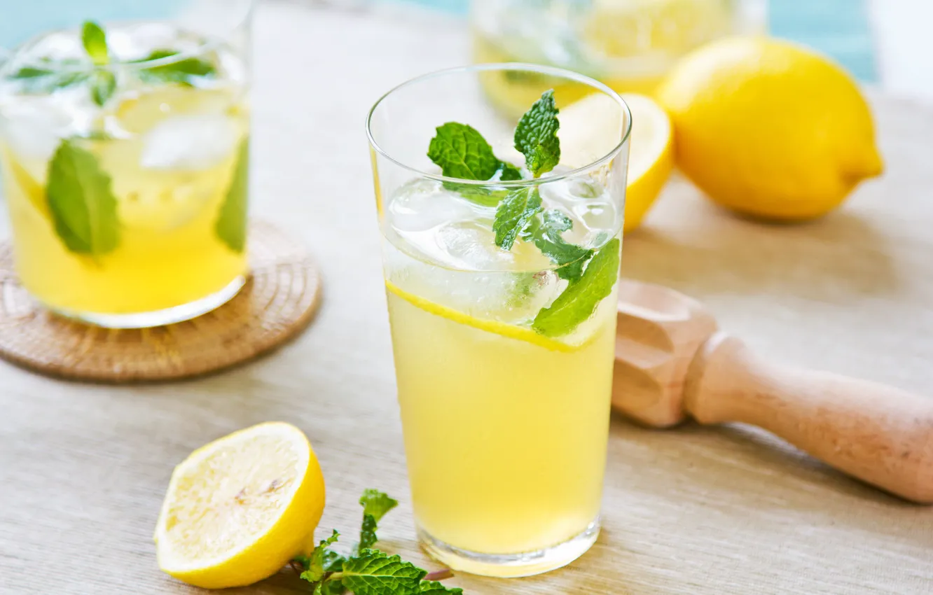 Фото обои стакан, лимон, напиток, мята, лимонад