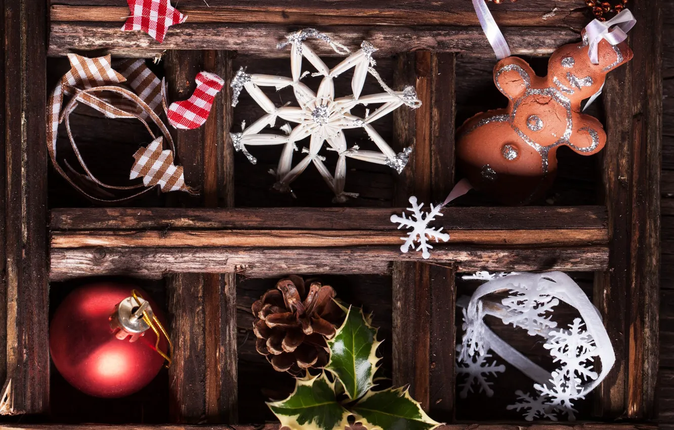 Фото обои шарик, Новый Год, печенье, Рождество, шишка, Christmas, снежинка, New Year