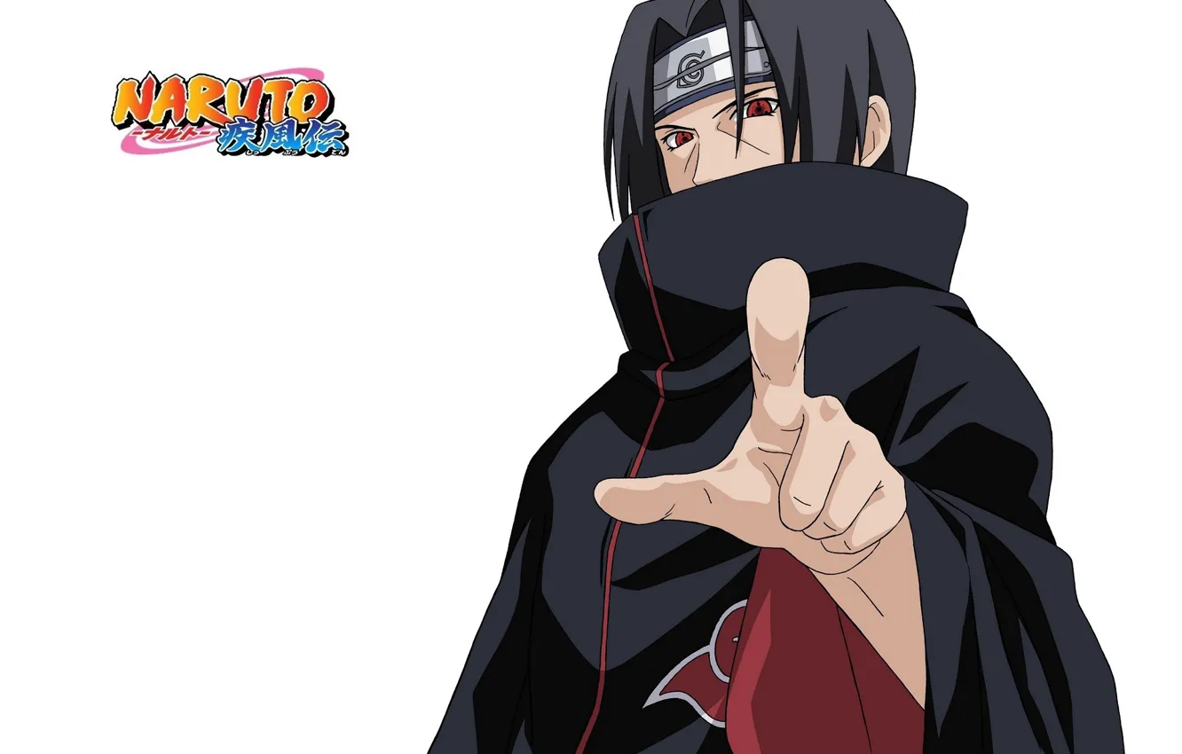 Фото обои палец, воротник, белый фон, повязка, плащ, Naruto, красные глаза, жест
