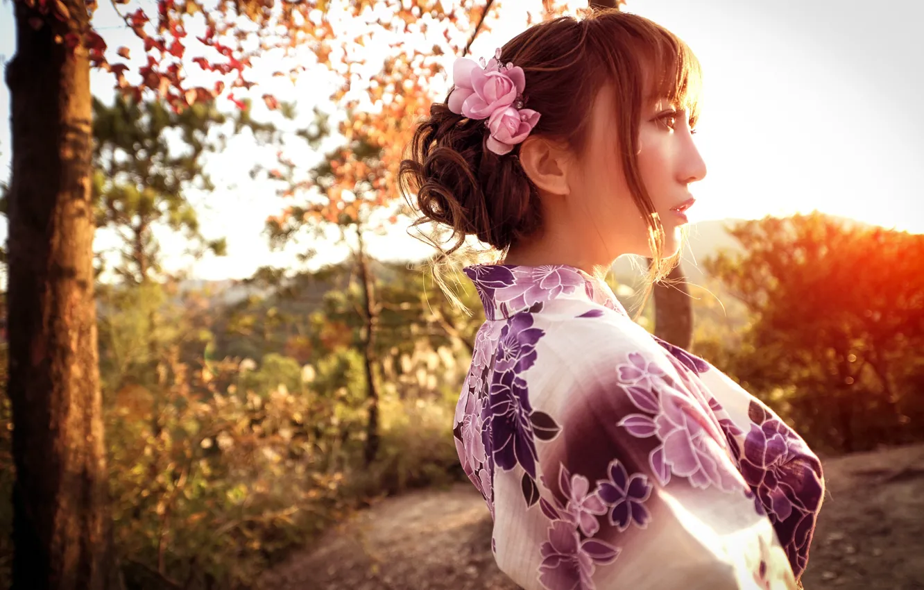 Фото обои mood, women, asian, sunlight, kimono, portrait