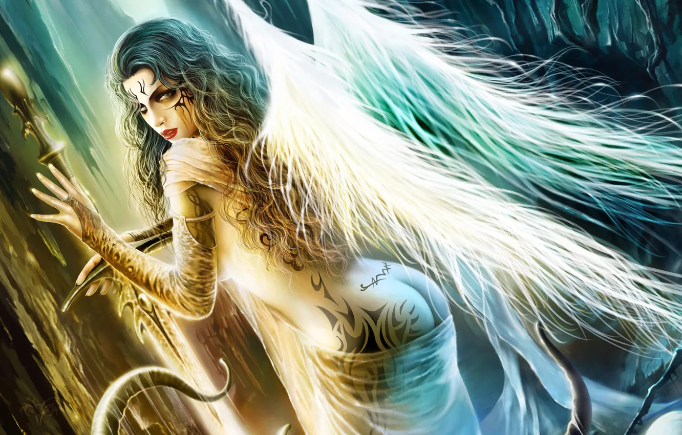 Фото обои Девушка, крылья, ангел, меч, щупальца, татуировки, слизь