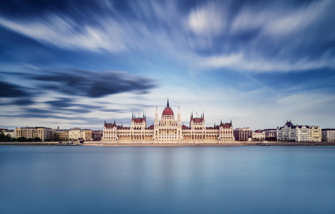 Фото обои небо, вода, город, выдержка, Парламент, Венгрия, Будапешт