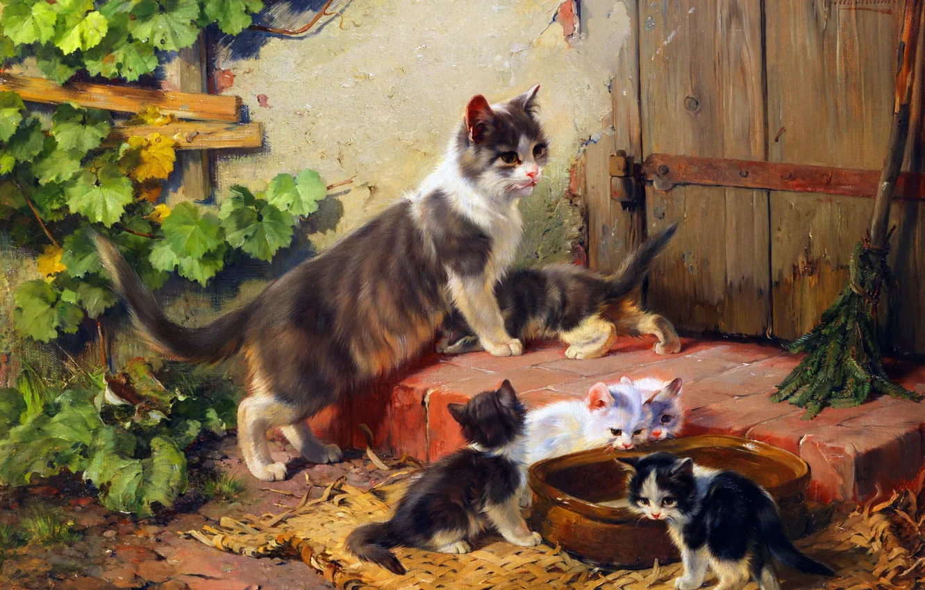 Фото обои Кошка, Котята, Картина, Julius Adam the Younger, Кошка с детенышами на ступеньке входа в конюшню, …