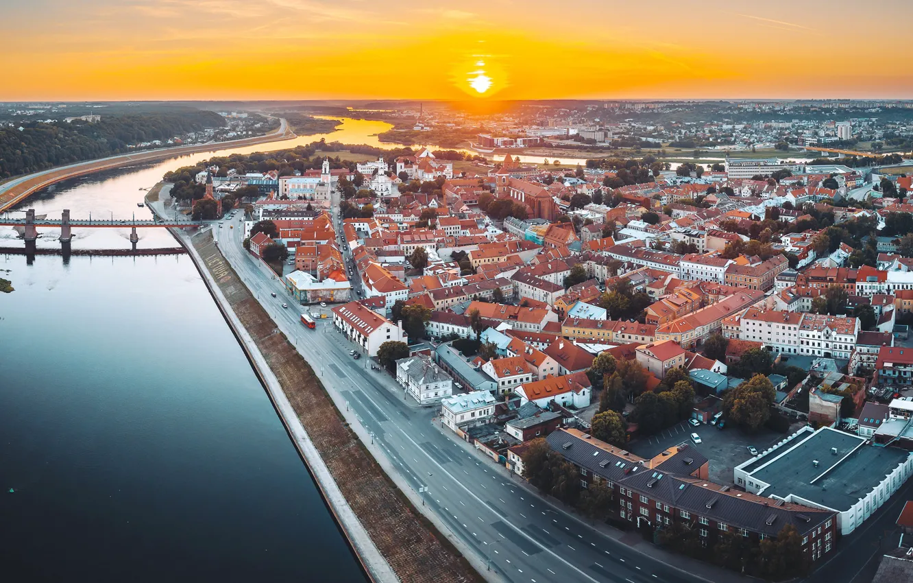 Фото обои закат, город, Lietuva, Kaunas
