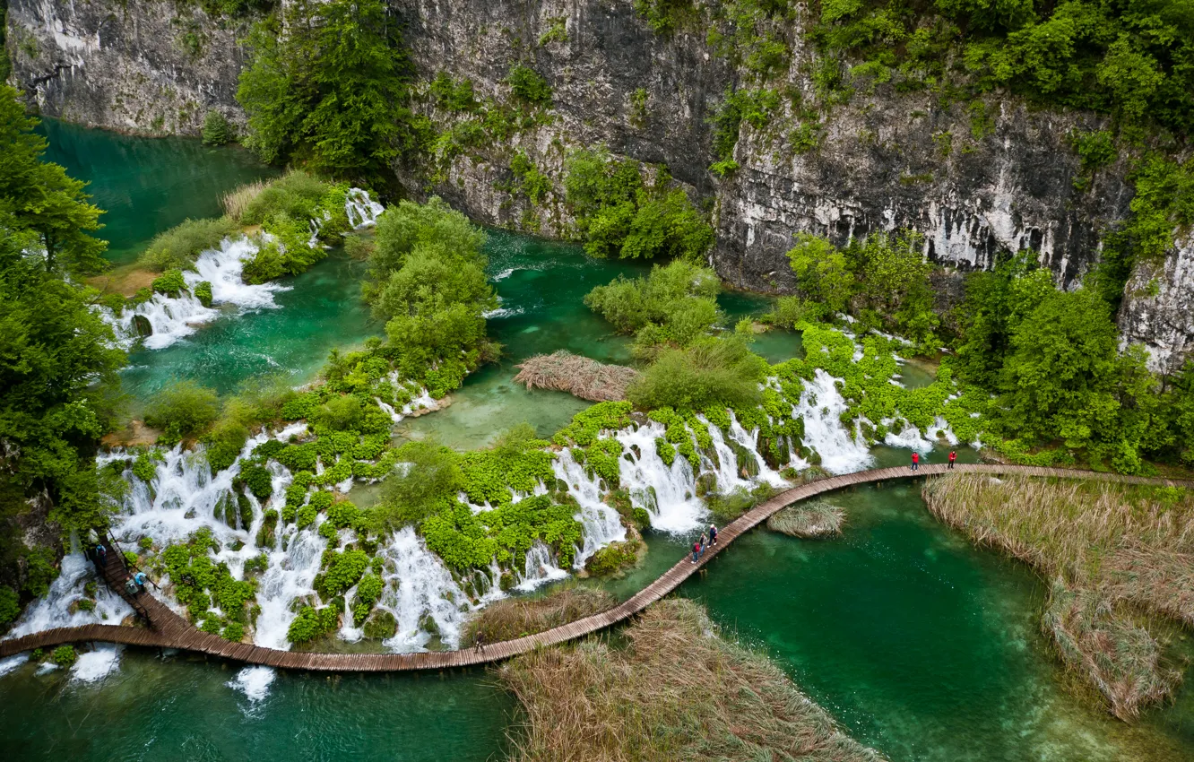 Фото обои зелень, скала, озеро, тропики, растительность, водопад, мостик, Croatia