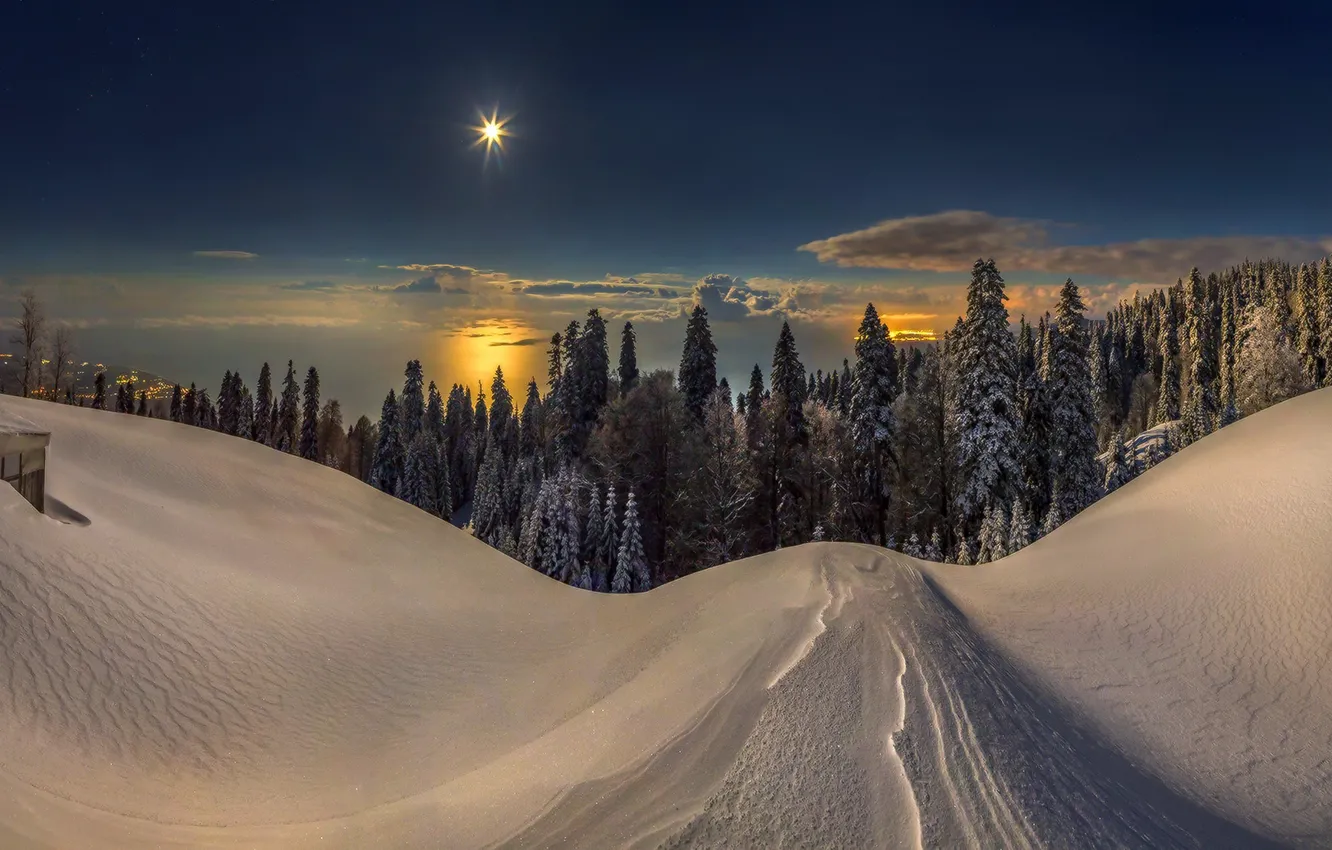 Фото обои снег, закат, горы