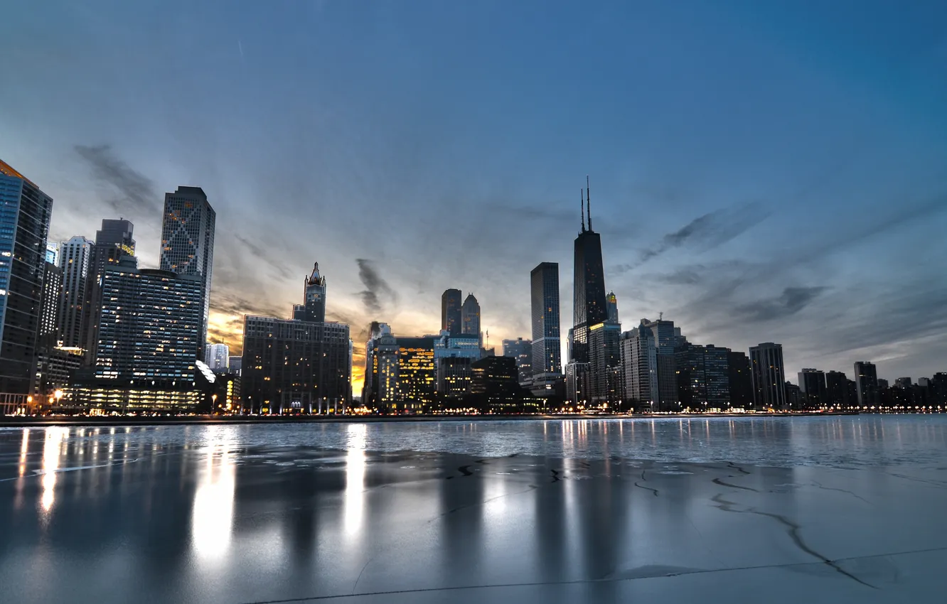 Фото обои зима, лёд, небоскребы, Чикаго, панорама, USA, Chicago