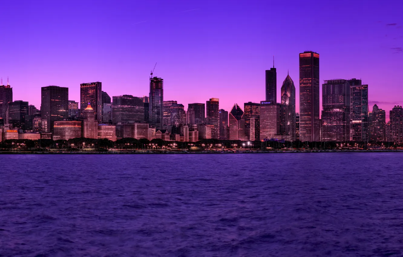 Фото обои city, город, огни, вечер, USA, Chicago, Illinois, набережная