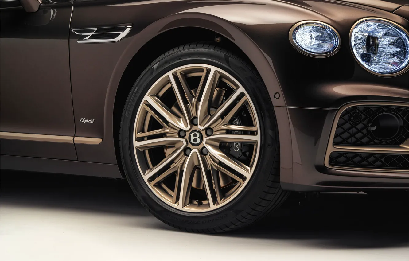Фото обои Bentley, логотип, колесо, диск, Flying Spur Hybrid, Odyssean Edition, часть кузова