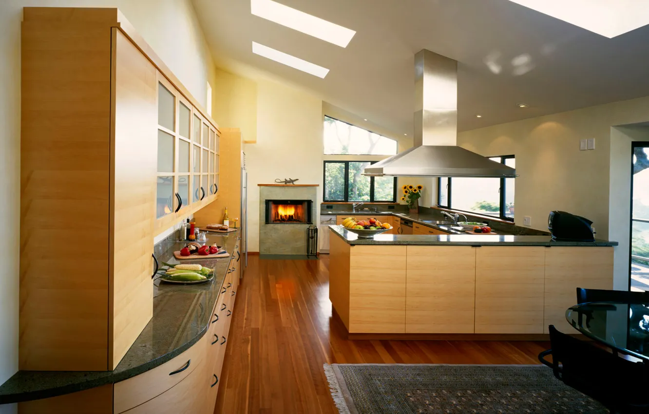 Фото обои дизайн, стиль, комната, огонь, еда, интерьер, кухня, камин
