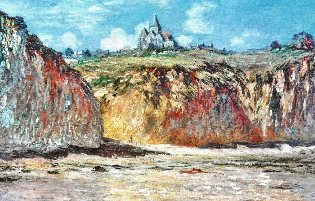 Фото обои пейзаж, скалы, картина, Клод Моне, Церковь в Варанжвиле