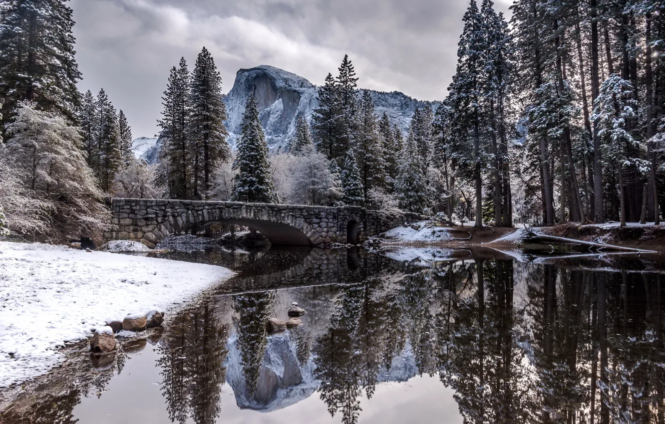 Фото обои Nature, Winter, Landscape, Bridge, Snow, River, Trees