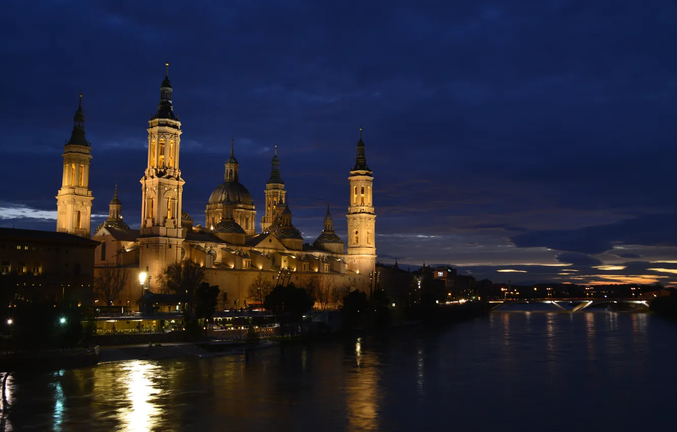 Фото обои ночь, река, Испания, базилика, Сарагоса, Нуэстра-Сеньора-дель-Пилар