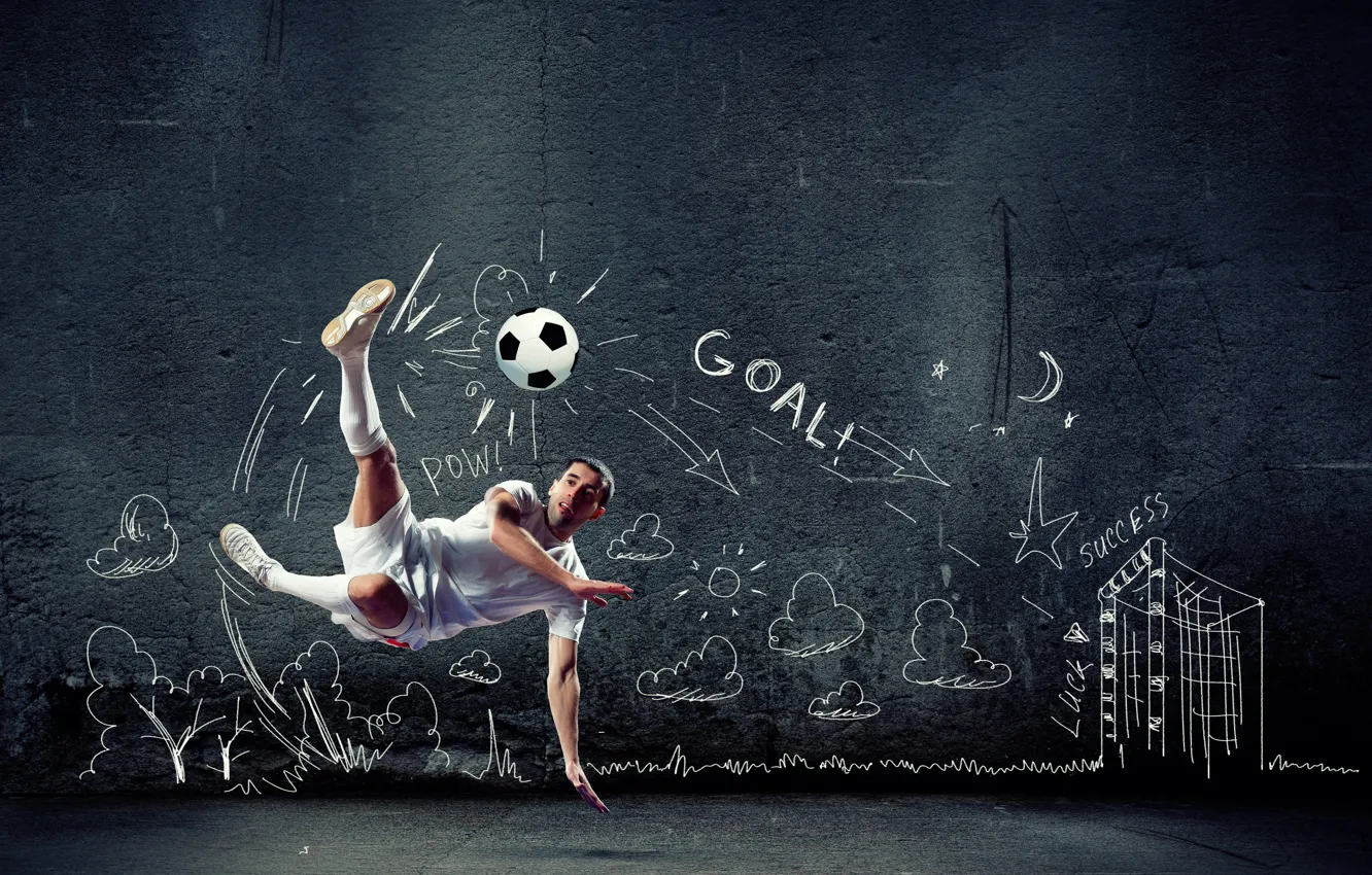 Фото обои креатив, фон, стена, прыжок, футбол, игра, шорты, мяч