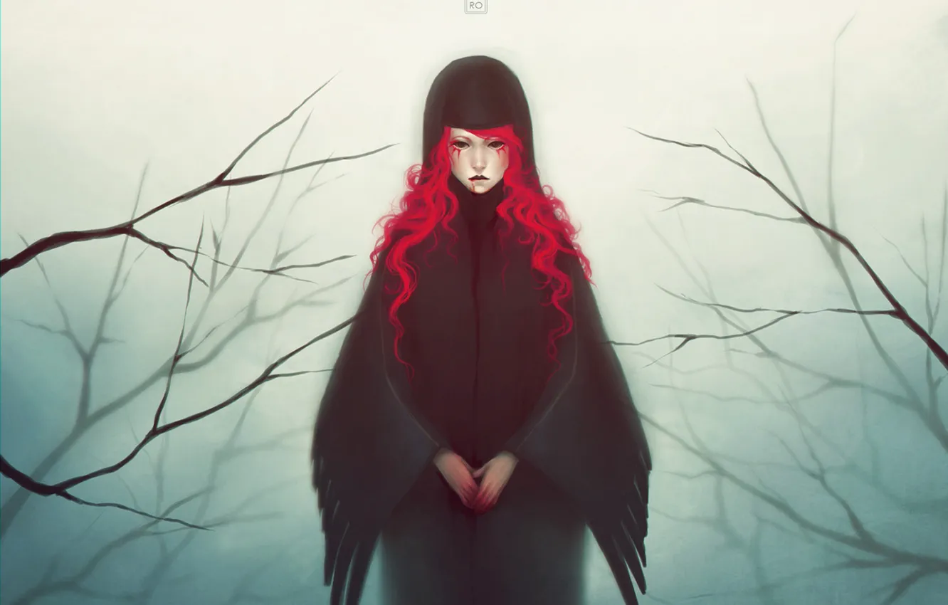 Фото обои девушка, ветки, кровь, крылья, art, красные волосы, mezamero
