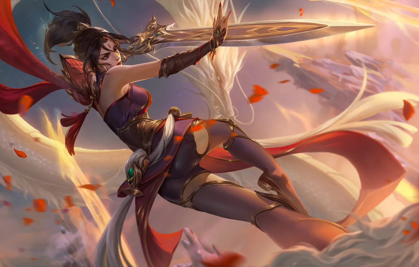 Фото обои women, fighting, drawing, video game art, Riven (League of Legends), Chuan C