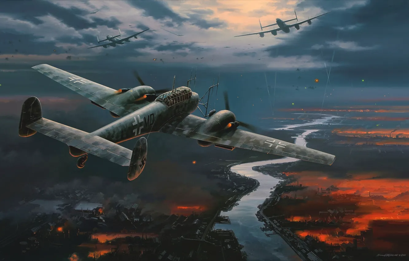 Фото обои самолет, рисунок, бомбардировщик, немцы, люфтваффе, Nicolas Trudgian, Мессершмитт, ночной истребитель