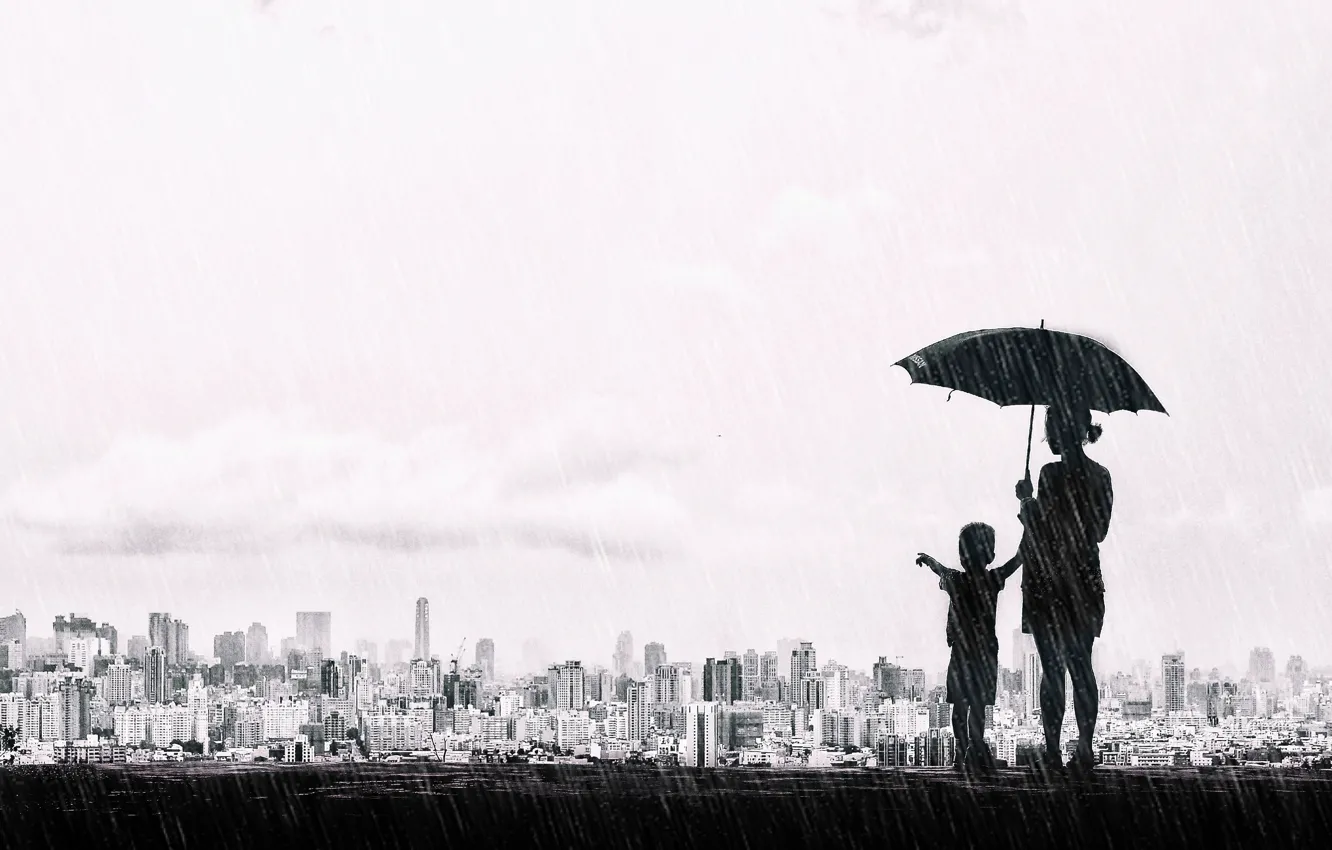 Фото обои город, зонтик, дождь, настроение, мальчик, чёрно-белая, панорама, Тайвань