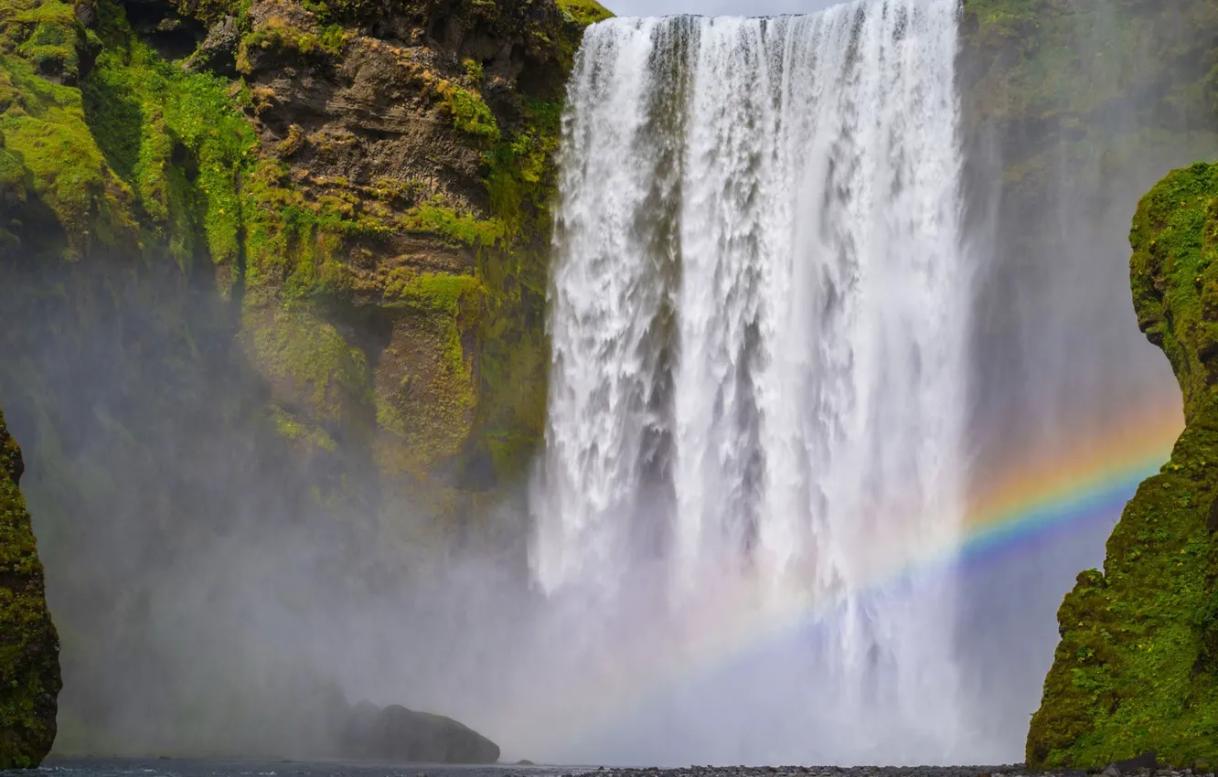 Фото обои стихия, водопад, радуга, поток, Исландия, Скогафосс