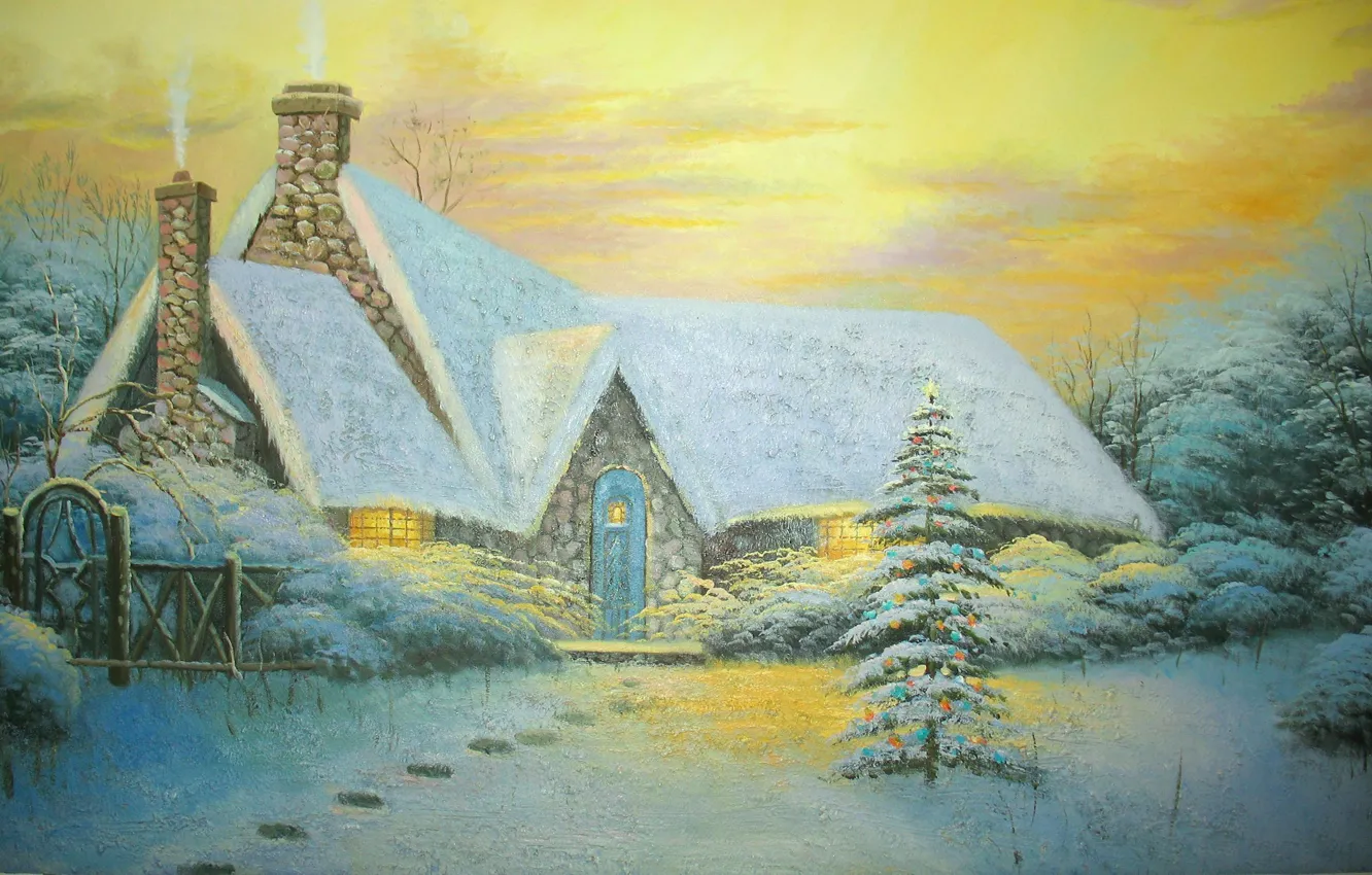 Фото обои зима, снег, следы, забор, картина, ёлка, Живопись, коттедж