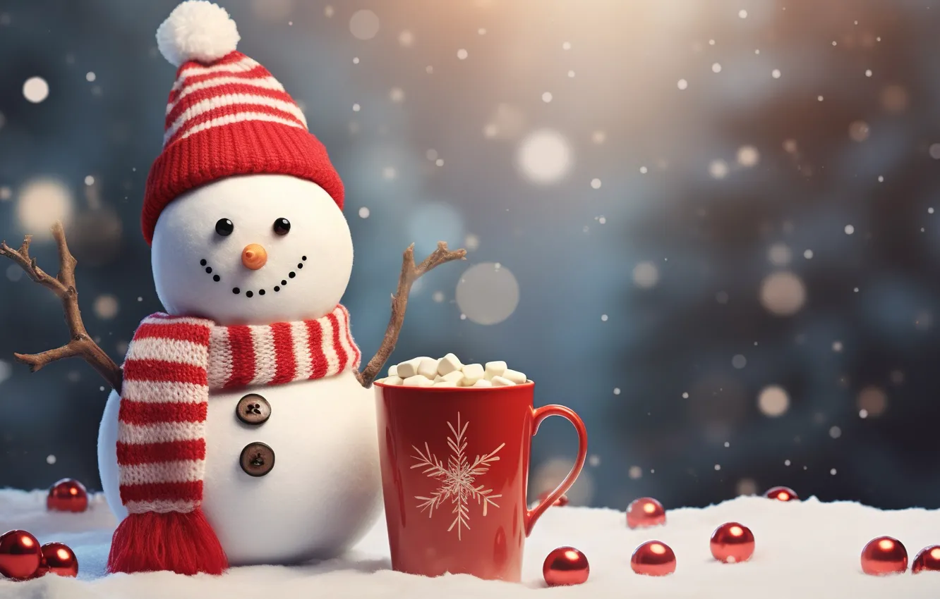Фото обои зима, снег, Новый Год, Рождество, снеговик, Christmas, balls, winter