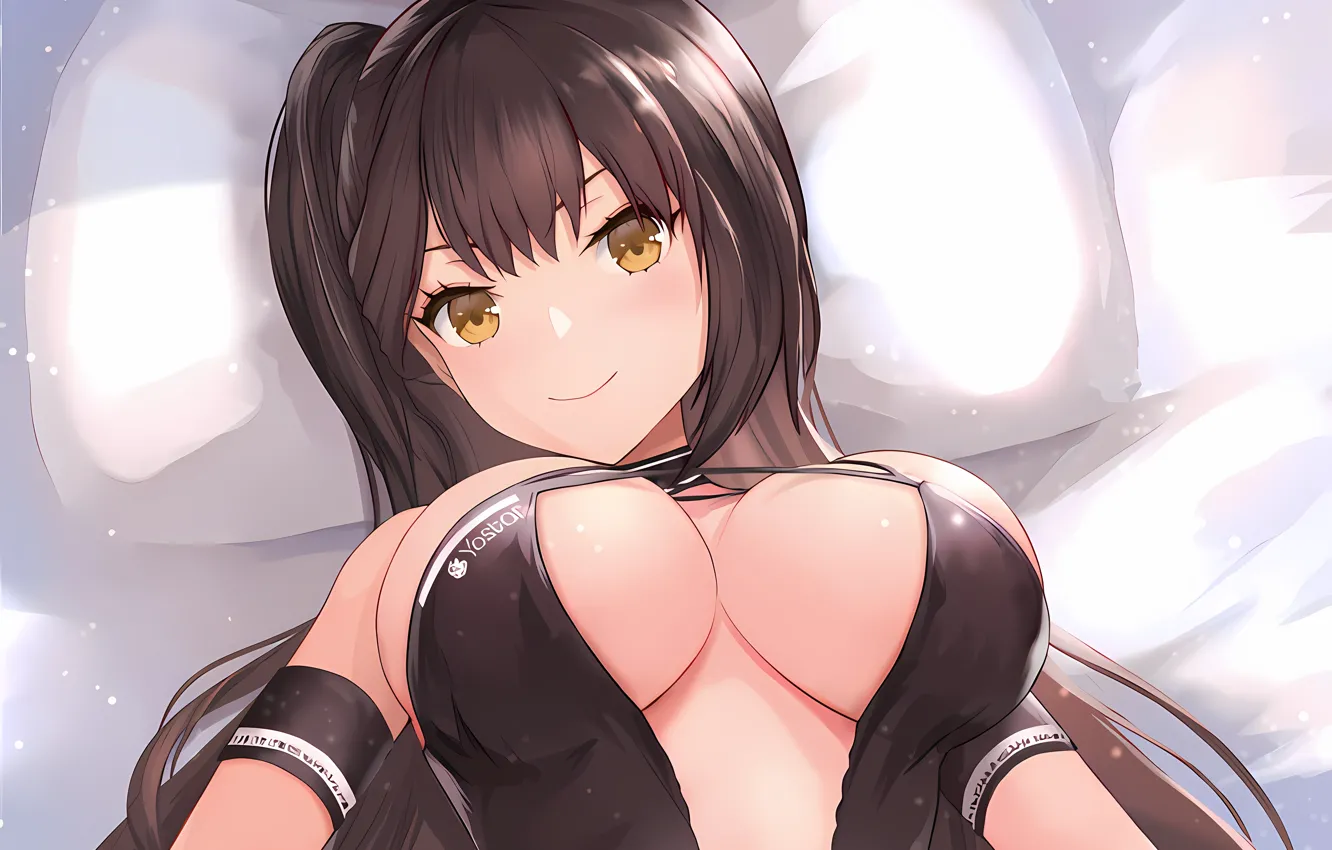 Фото обои girl, sexy, cleavage, blouse, long hair, brown hair, boobs, anime
