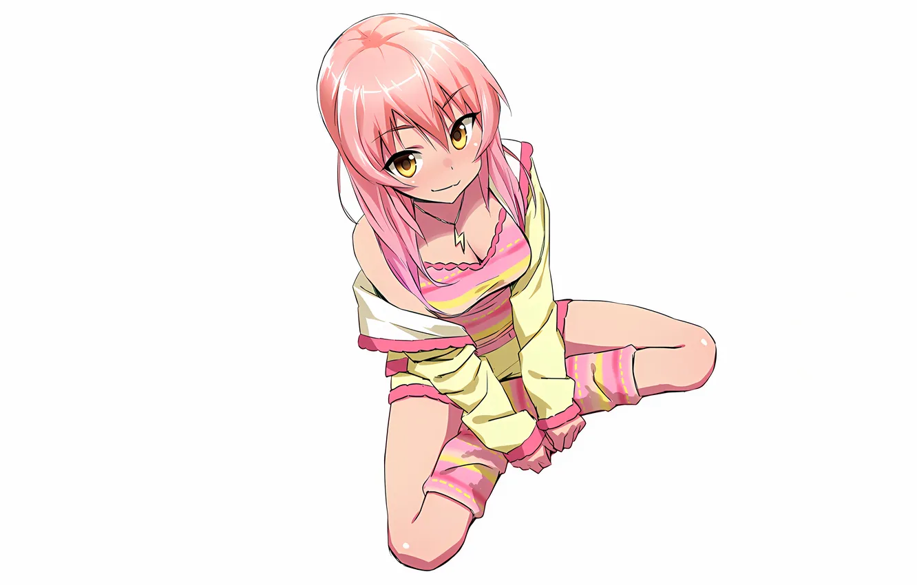 Фото обои girl, sexy, cleavage, shorts, pink hair, long hair, legs, boobs