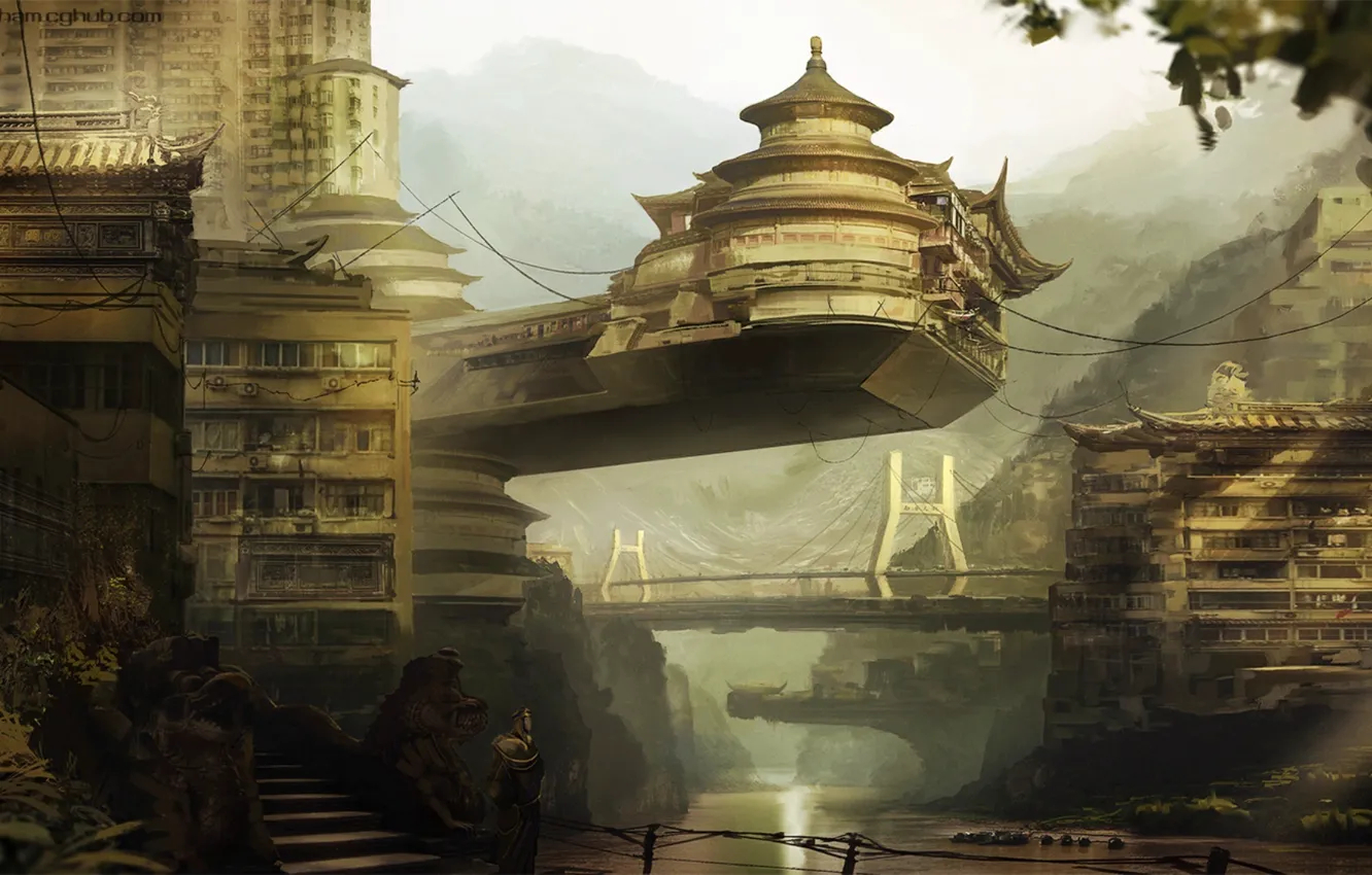 Фото обои горы, мост, город, река, строения, Asian city concept