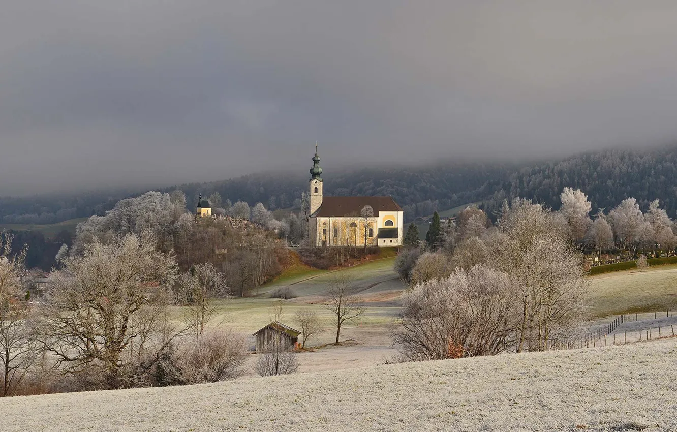 Фото обои иней, снег, Германия, склон, Бавария, церковь, Рупольдинг