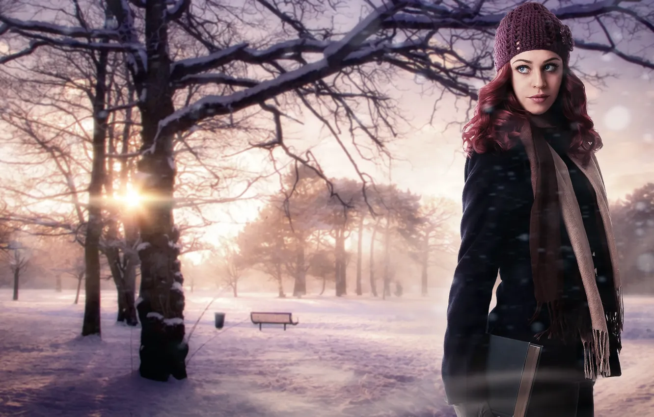 Фото обои зима, девушка, солнце, снег, деревья, природа, фон, фантастика