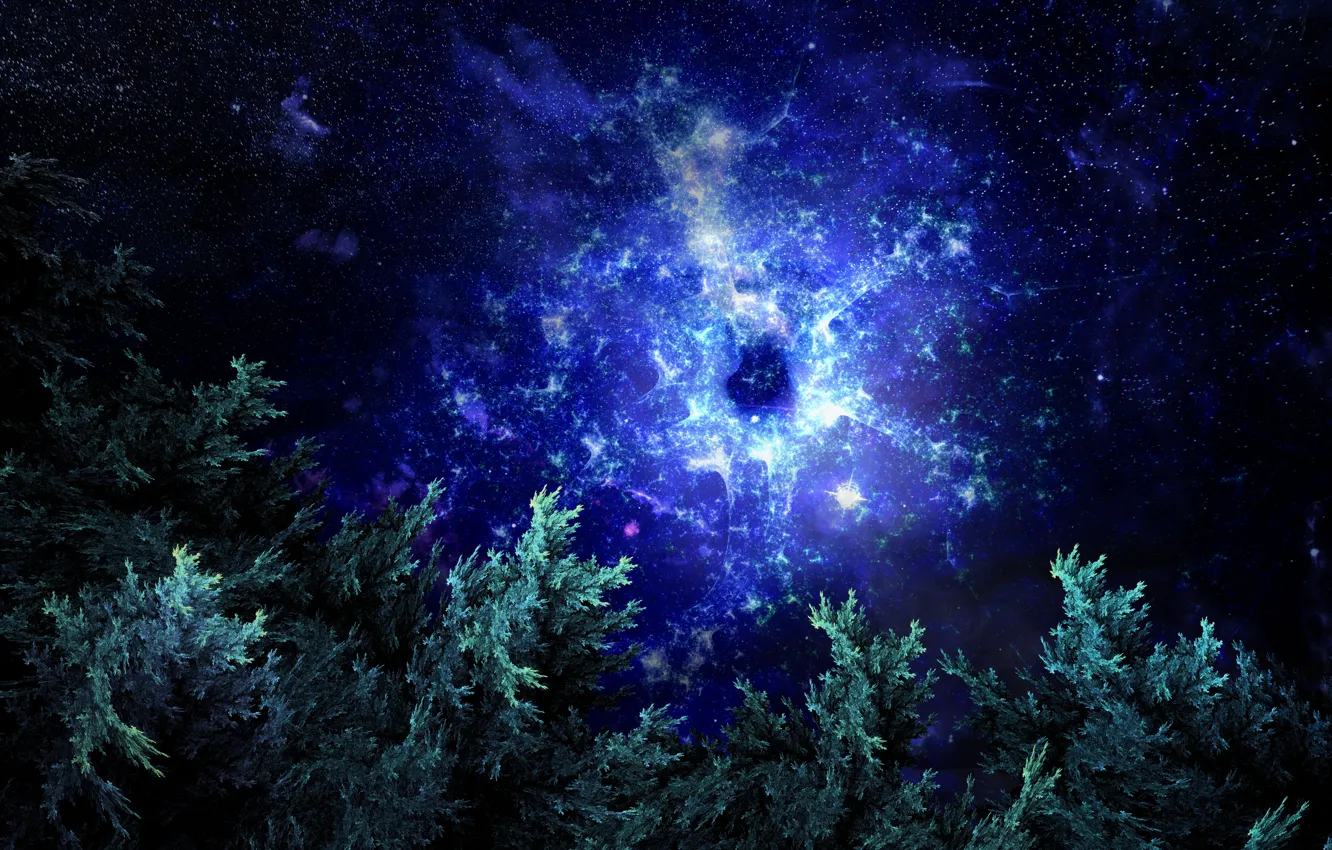Фото обои лес, космос, абстракция, space, фрактал, forest, fractal