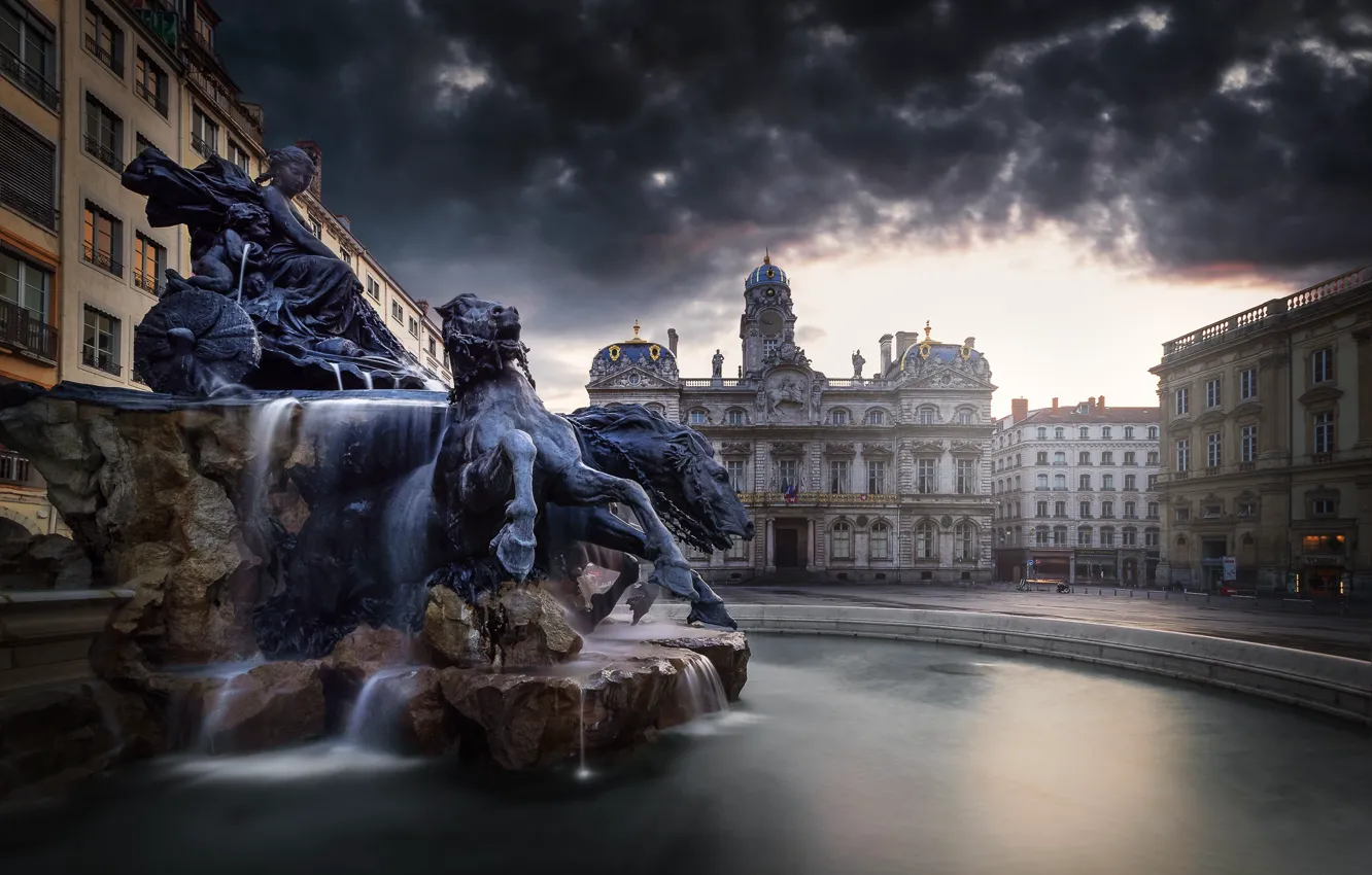 Фото обои Франция, площадь, фонтан, Лион