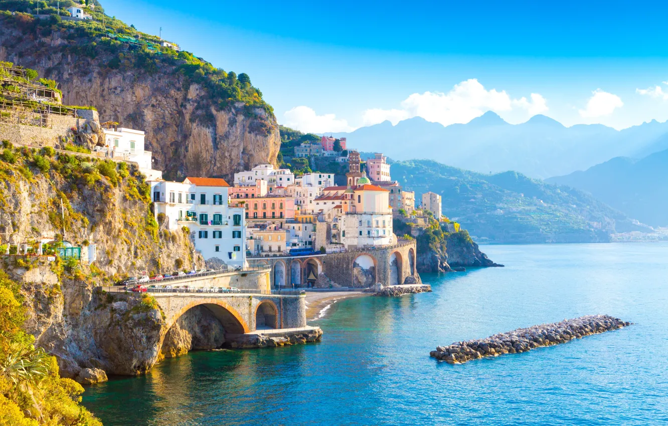 Фото обои море, горы, мост, дома, Италия, Амальфи