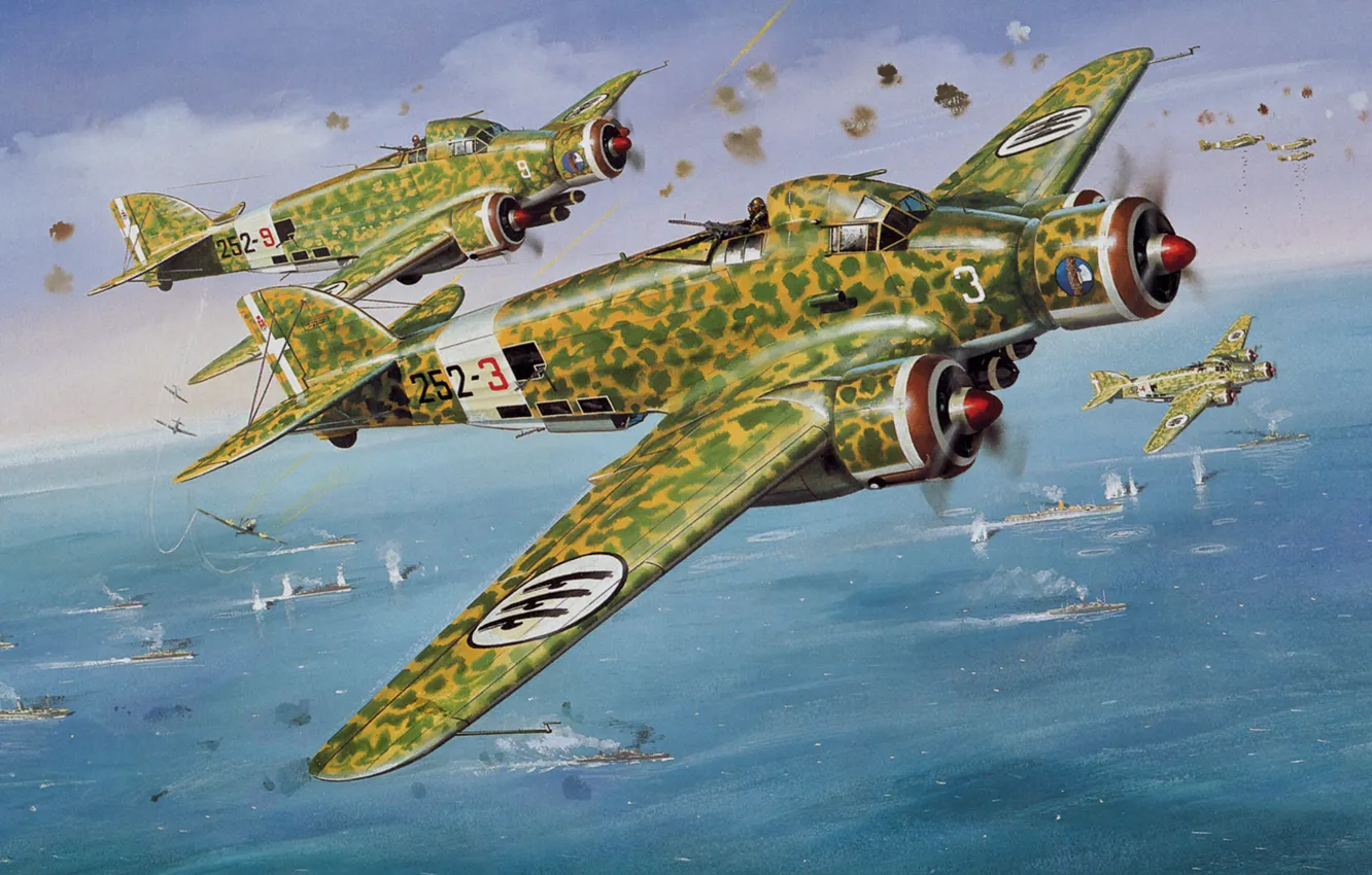 Фото обои море, рисунок, арт, нападение, конвой, Ястреб, бомбардировка, Savoia-Marchetti SM.79 Sparviero