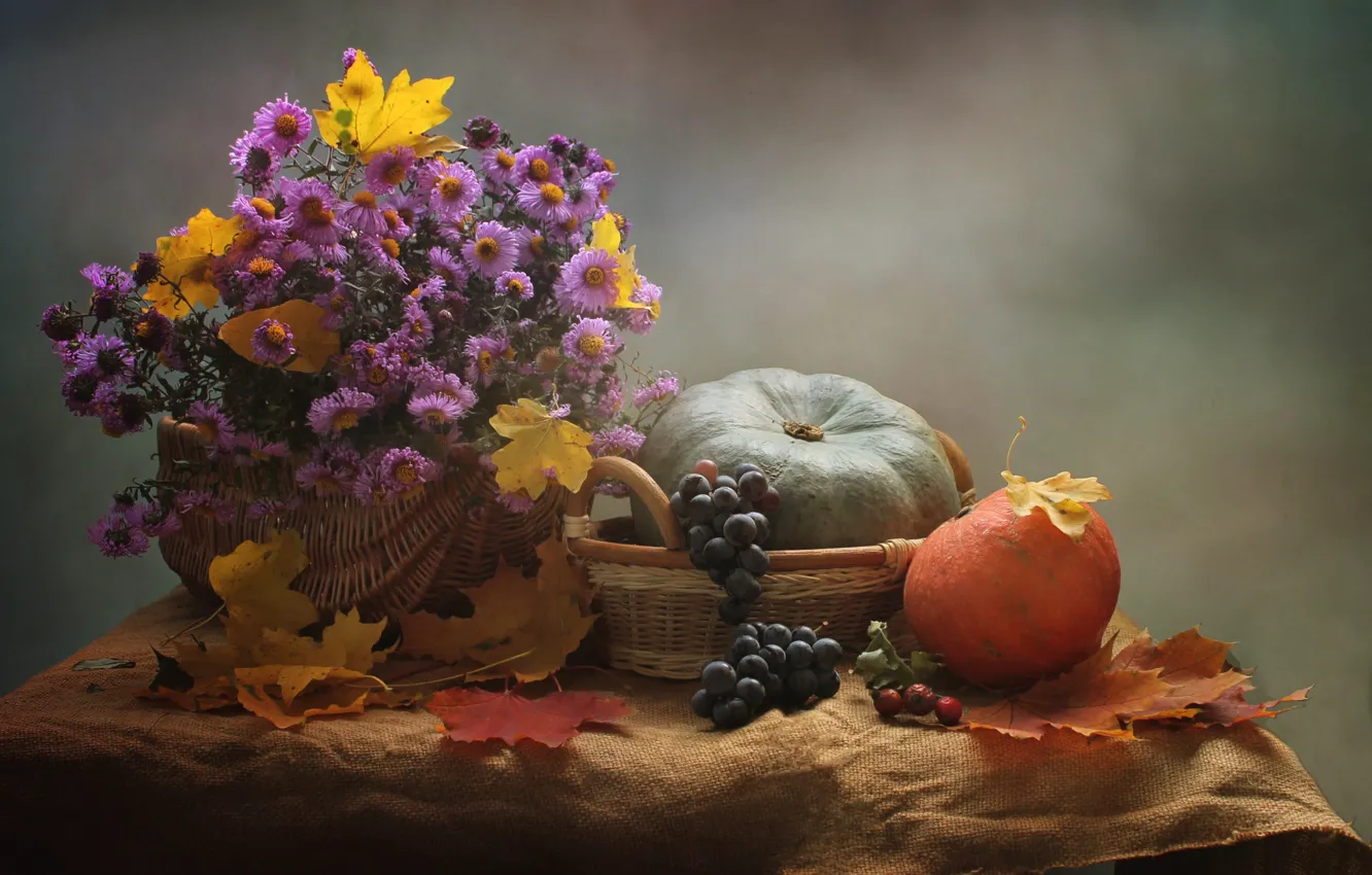 Фото обои осень, листья, цветы, букет, виноград, тыква, натюрморт