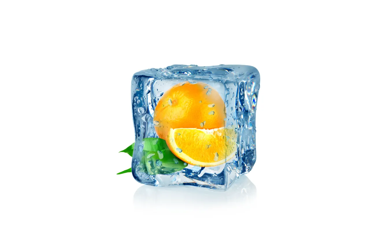 Фото обои капли, абстракция, апельсин, воды, арт, ice, куб, water